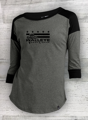 HD Fish -  Mericana -Ladies Heritage Blend Black Twist 3/4-Sleeve Baseball Raglan Tee - Catfish, Walleye, Crappie, Bass