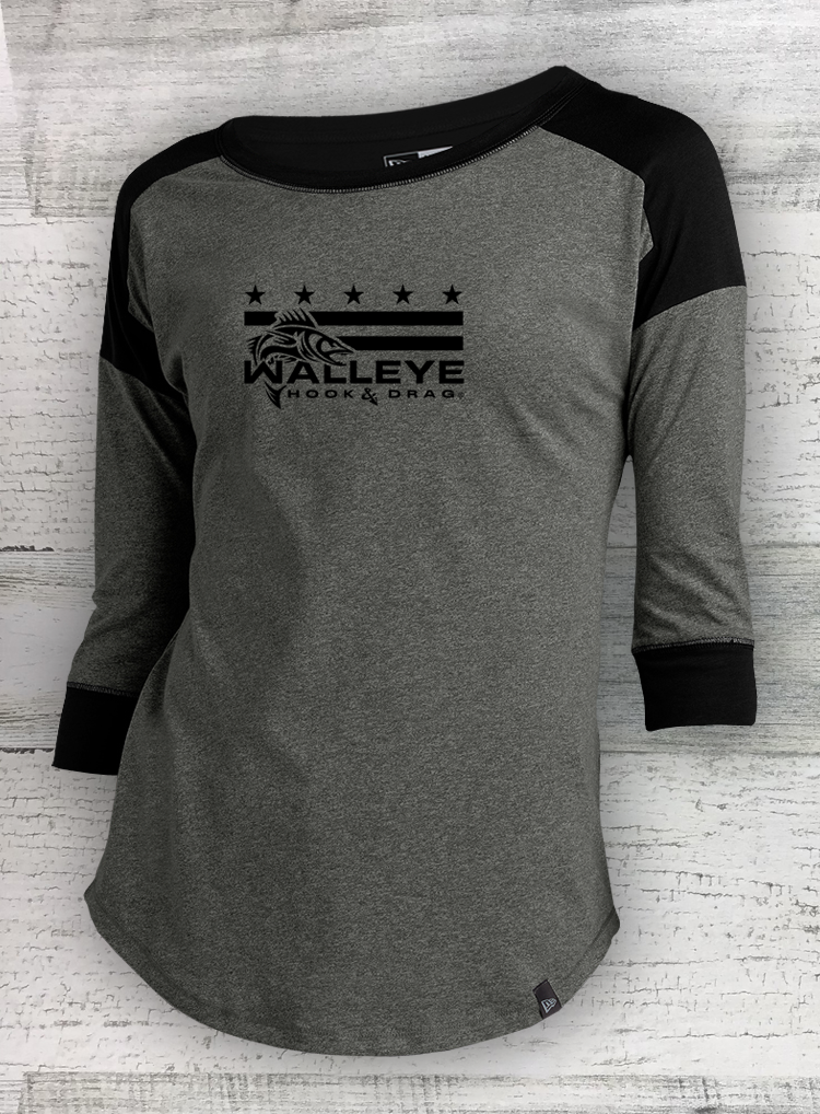 HD Fish -  Mericana -Ladies Heritage Blend Black Twist 3/4-Sleeve Baseball Raglan Tee - Catfish, Walleye, Crappie, Bass