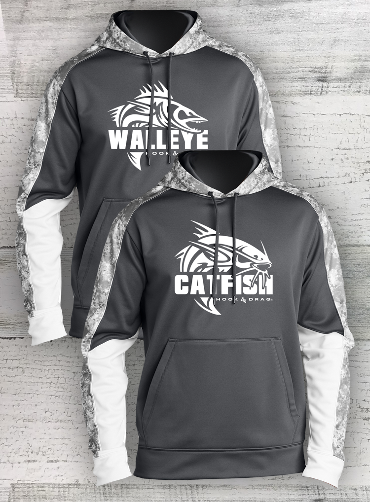 HD Fish - Modern Retro - Sport-Wick® Mineral Freeze Fleece Colorblock Hooded Pullover - Catfish Walleye Crappie and Bass