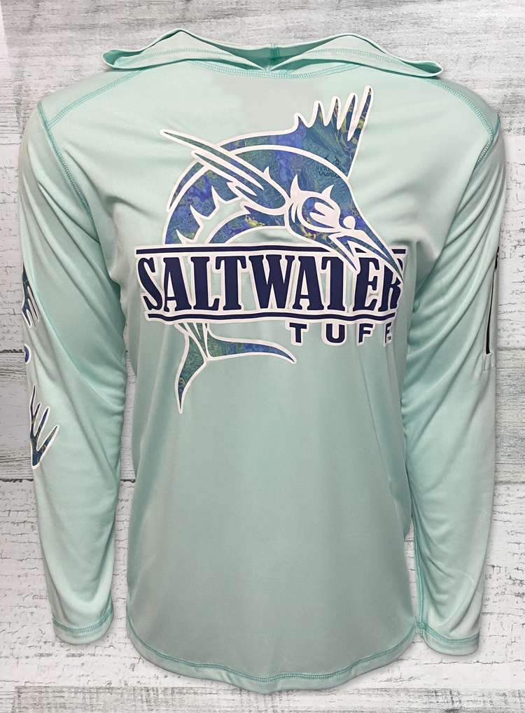 Saltwater Tuff -Sword Fish - SOLAR LONG SLEEVE Repreve Hooded Tee - - UPF 50+ Seagrass
